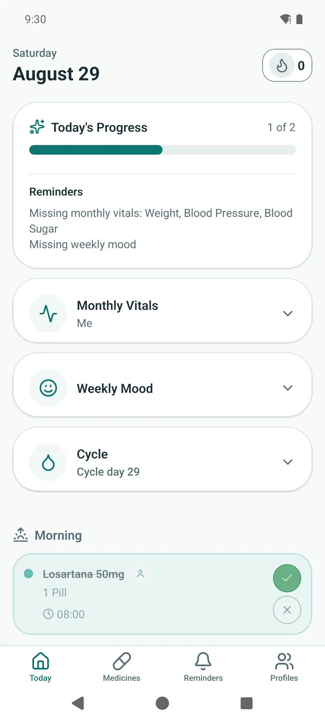 RemindMed's Today screen: the day's progress, vitals, mood, cycle and the morning dose