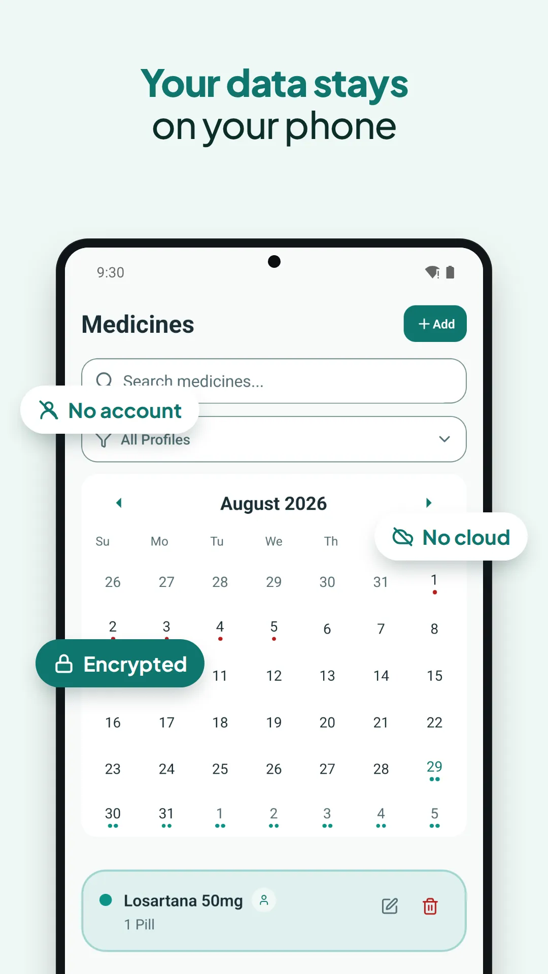Your data stays on your phone: the medicines list, with no account, no cloud, and encryption