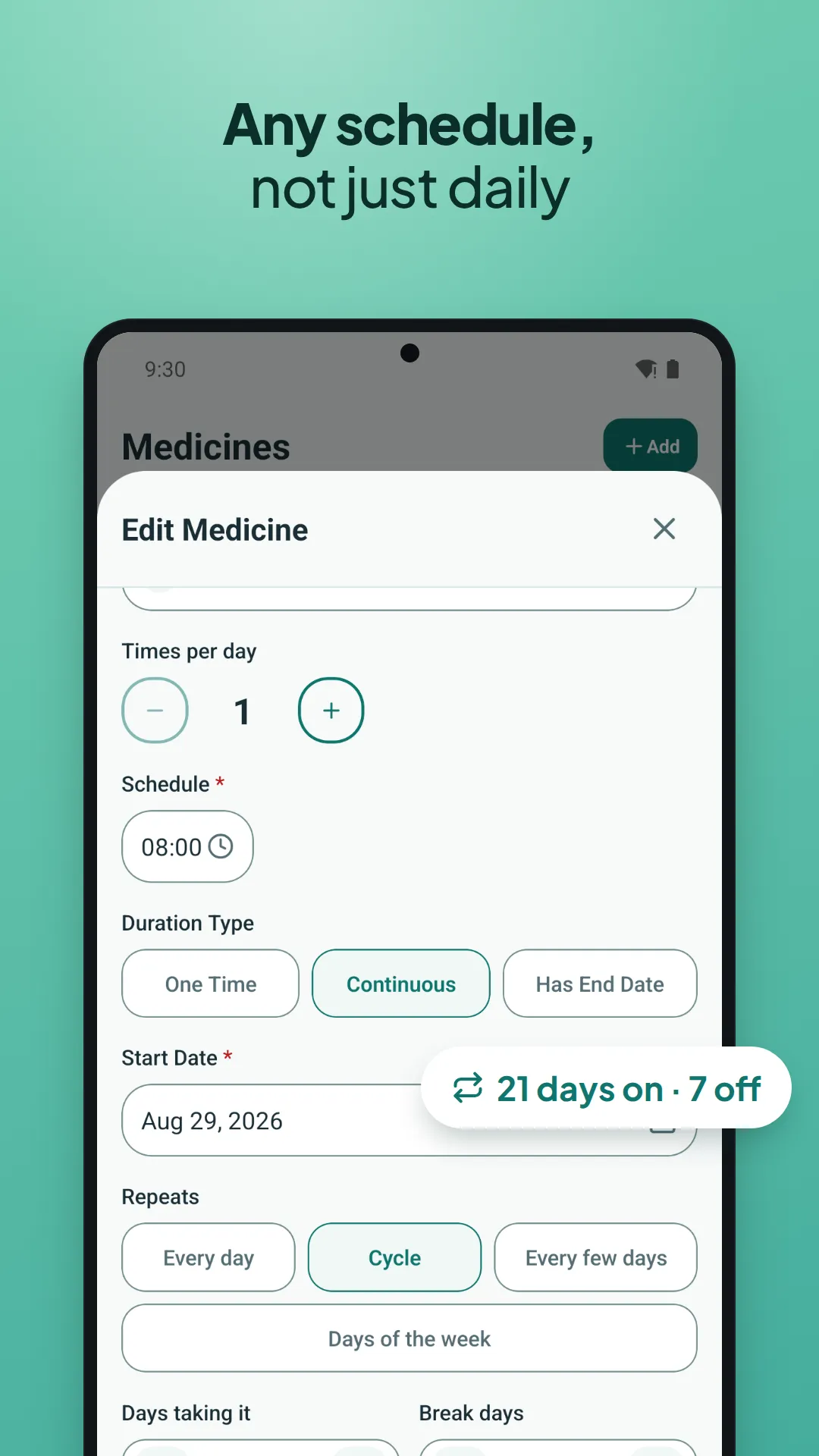 Any schedule, not just daily: a medicine set to 21 days on and 7 days off