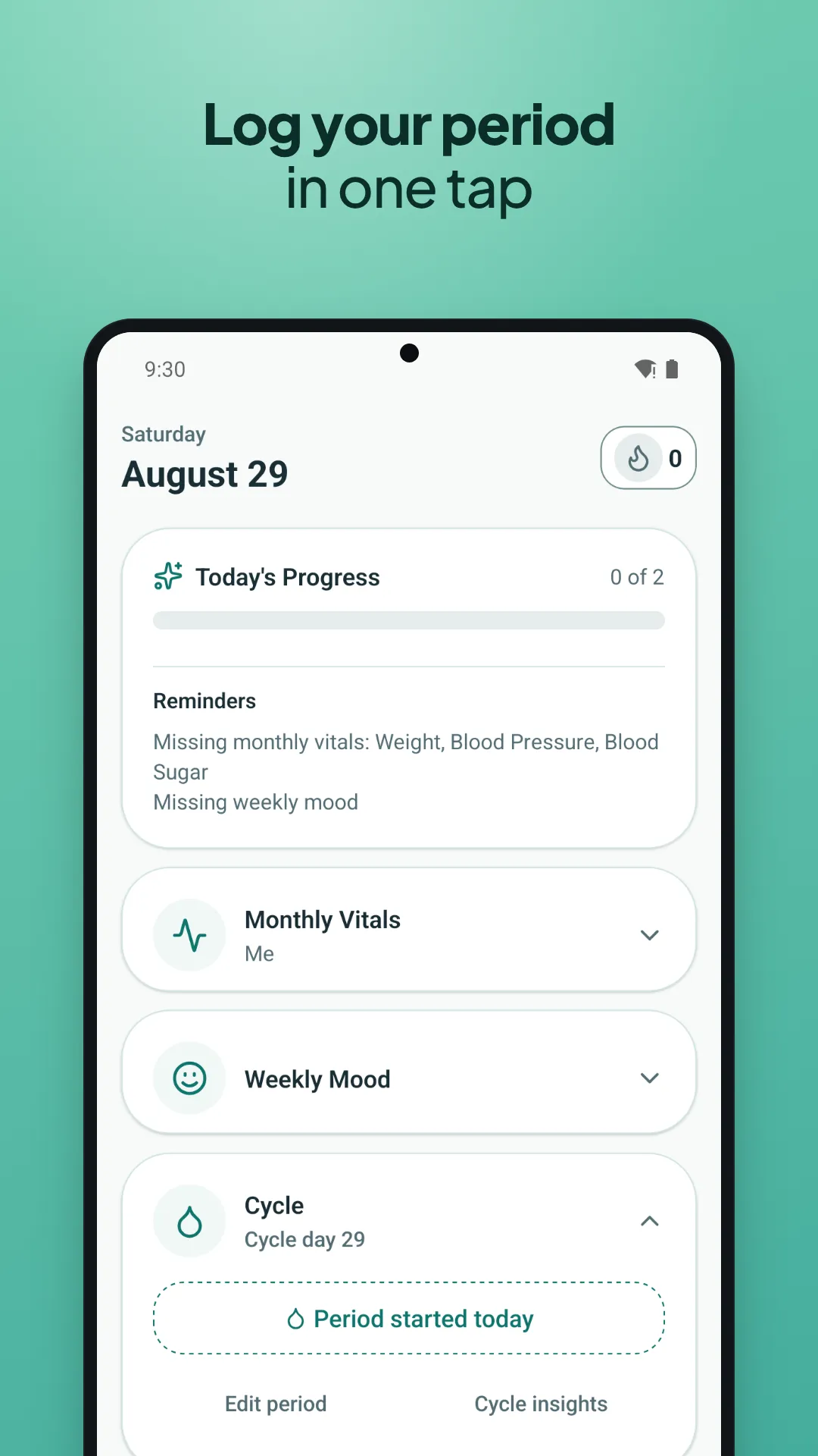 Log your period in one tap, straight from the cycle card on Today