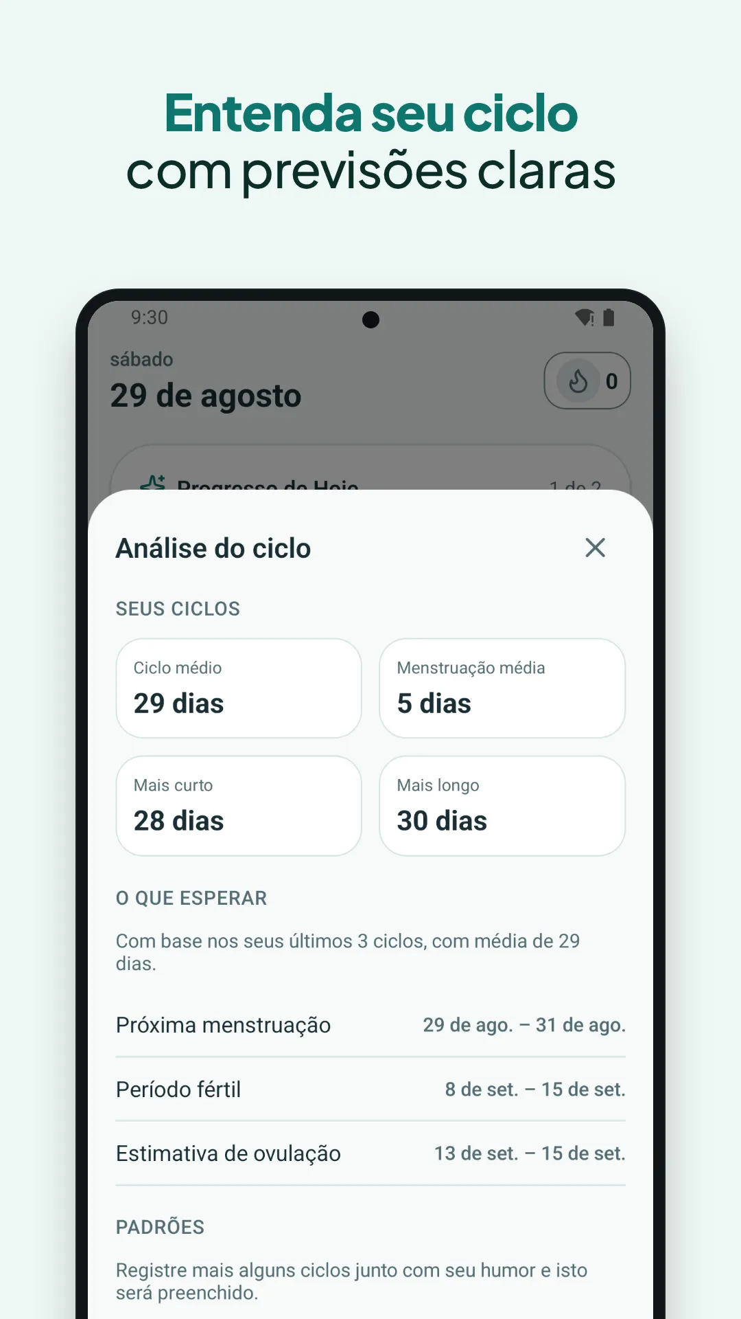 Entenda seu ciclo com previsões claras: médias, ciclos mais curto e mais longo, e previsões em intervalos