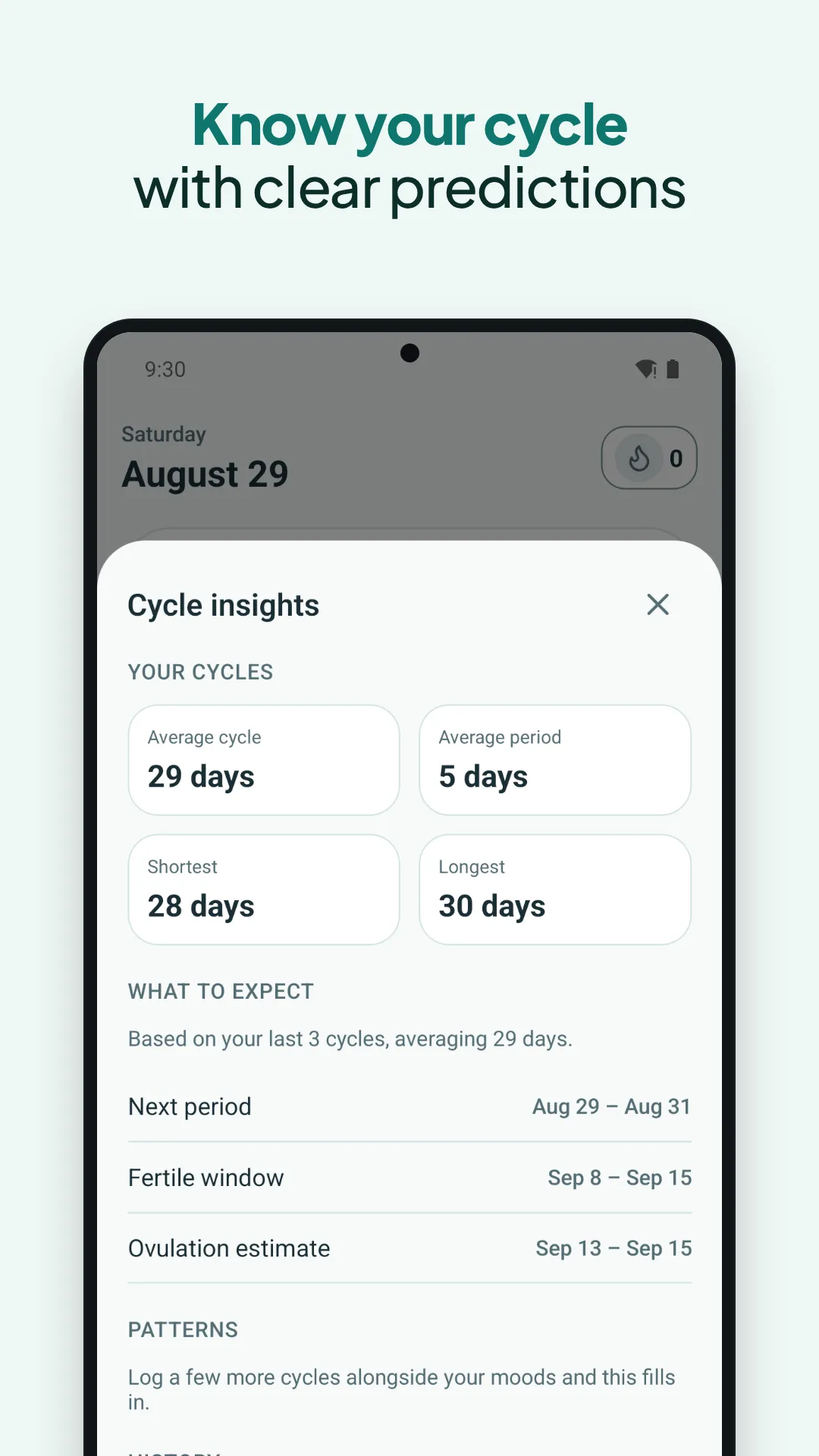 Know your cycle with clear predictions: averages, shortest and longest cycle, and predictions as ranges